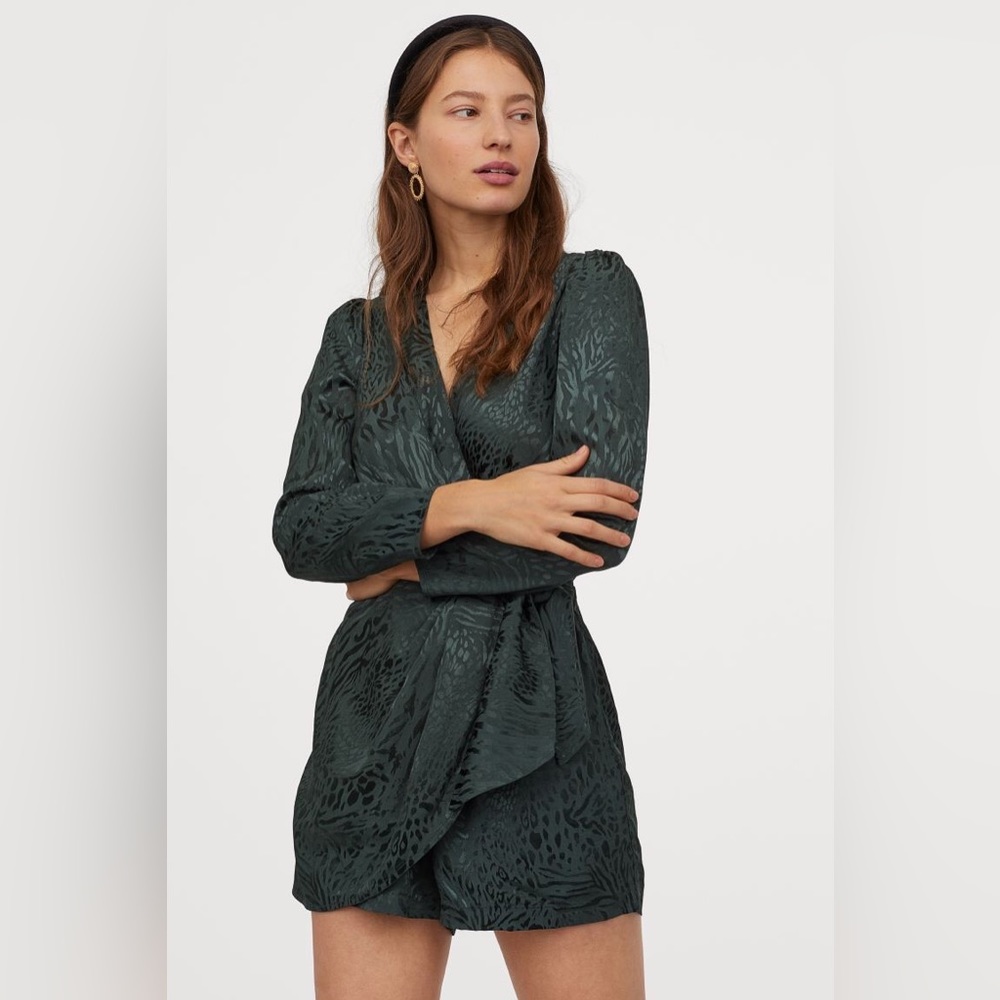 Forest Green Woven Leopard Wrap Front Romper